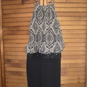 Tan and Black Geometric Halter Dress